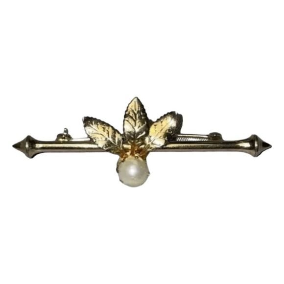 Vintage Bar Brooch Gold Tone Metal Bar Faux Pearl Pin Leaf Leaves Fall Autumn - Picture 1 of 3